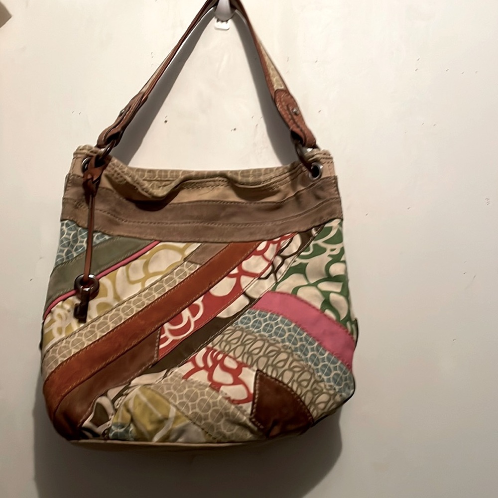 FOSSIL Hobo Patchwork handbag purse Fabric/Suede/Leather Multi-Color